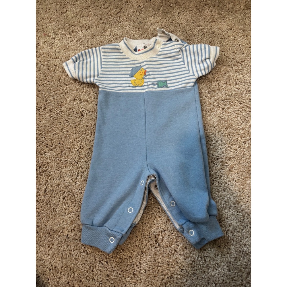 Vintage Health-tex Baby Romper Blue White Striped Fishing Duck Embroidery 6 Mos